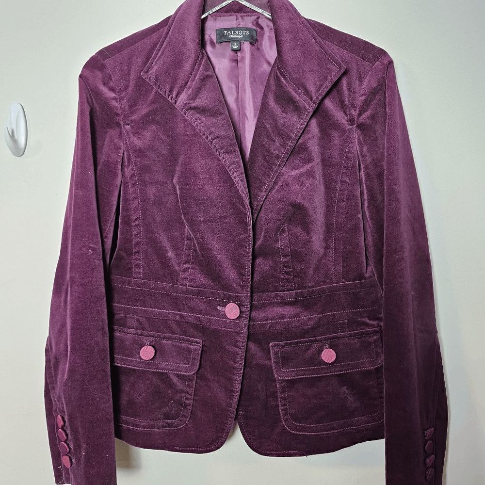 Talbots 1 Button Fitted Velvet Cotton Blend Blazer Jacket Flap Pockets Women's P